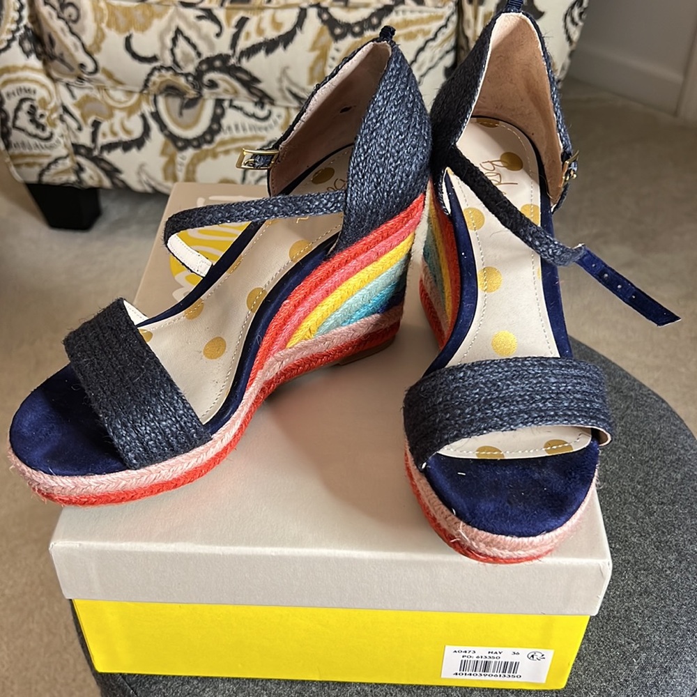 Boden Lily Espadrille Wedges - Navy / Rainbow - size 36 EU / size 5 1/2 US